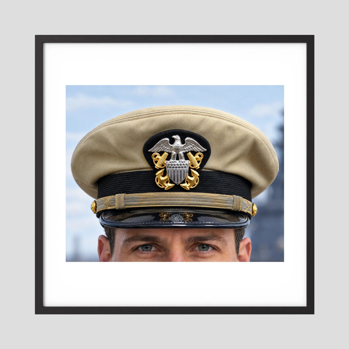 US Navy Officer WW2 Khaki Combination Visor Cap — photograph presentation mockup