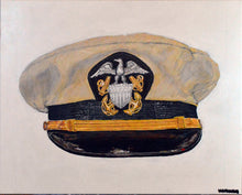 Painting of a US Navy WWII officer visor cap with eagle-and-anchor insignia, a gold chinstrap and black visor on a white background.