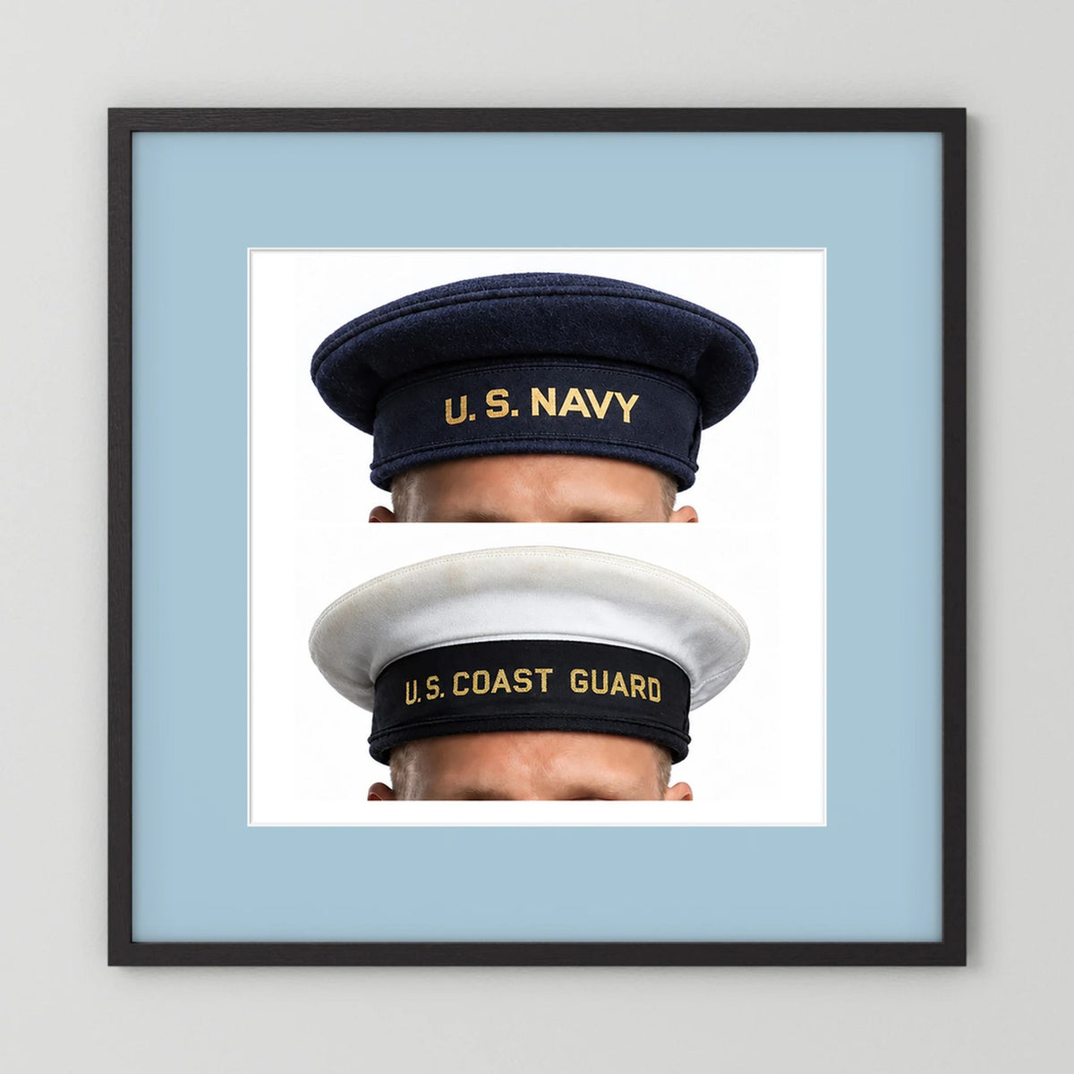 US Navy & US Coast Guard 'Donald Duck" Enlisted men's cap — composite displayed in a black wood frame mockup