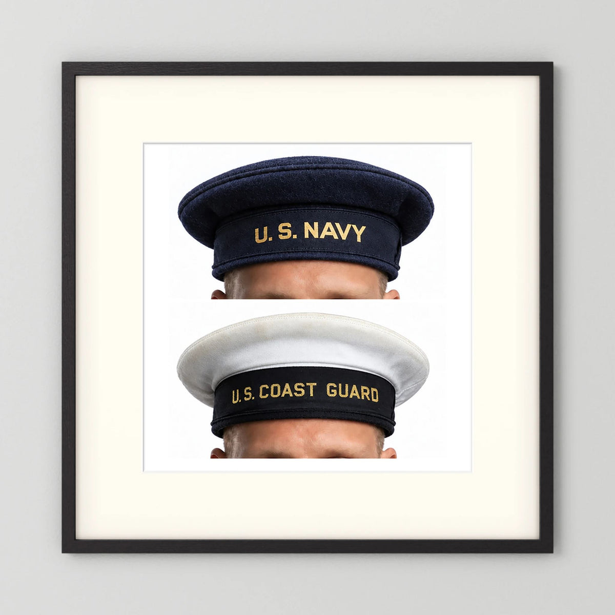 US Navy & US Coast Guard 'Donald Duck" Enlisted men's cap — composite displayed in a black wood frame mockup