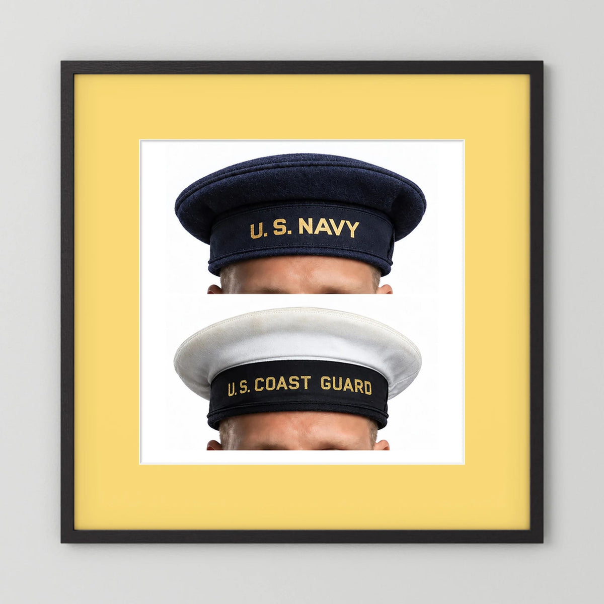 US Navy & US Coast Guard 'Donald Duck" Enlisted men's cap — composite displayed in a black wood frame mockup
