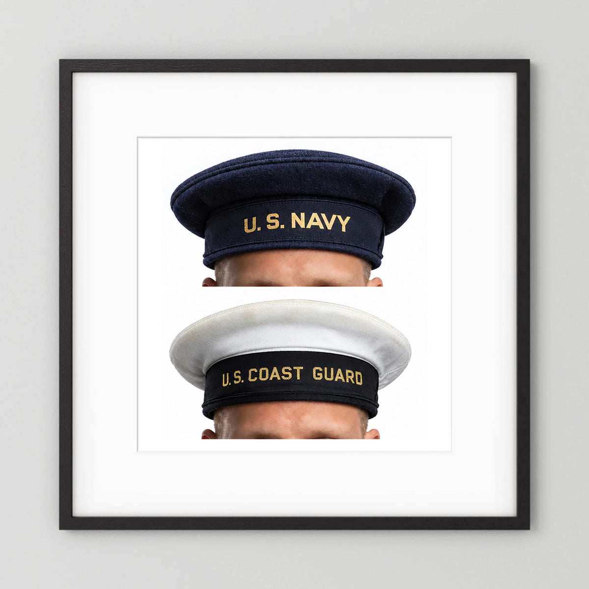 US Navy & US Coast Guard 'Donald Duck" Enlisted men's cap — composite displayed in a black wood frame mockup