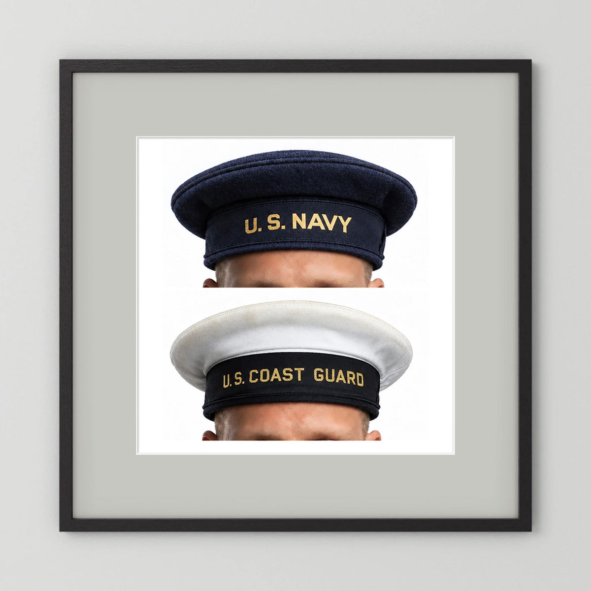 US Navy & US Coast Guard 'Donald Duck" Enlisted men's cap — composite displayed in a black wood frame mockup