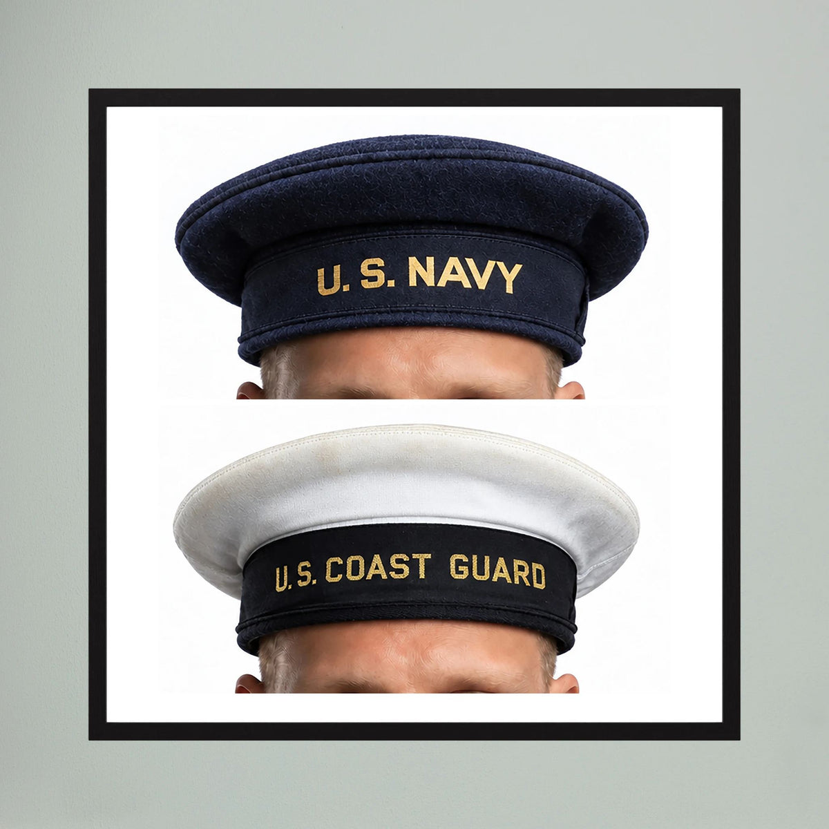 US Navy & US Coast Guard 'Donald Duck" Enlisted men's cap — composite displayed in a natural oak frame mockup