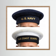 US Navy & US Coast Guard 'Donald Duck" Enlisted men's cap — composite displayed in a natural oak frame mockup