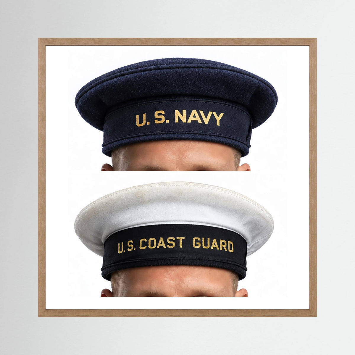 US Navy & US Coast Guard 'Donald Duck" Enlisted men's cap — composite displayed in a natural oak frame mockup
