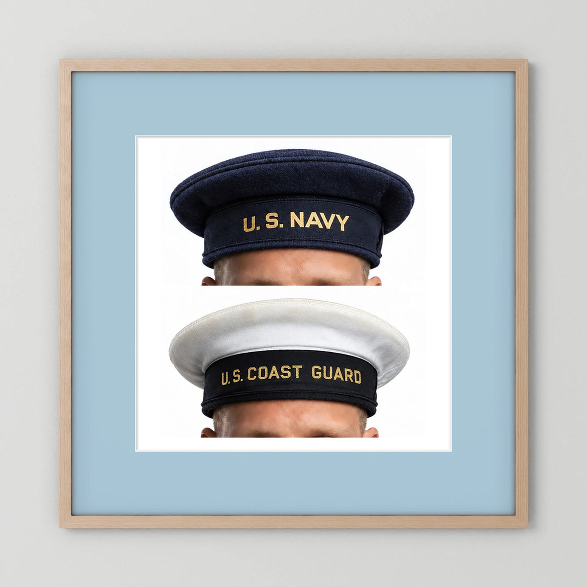 US Navy & US Coast Guard 'Donald Duck" Enlisted men's cap — composite displayed in a natural oak frame mockup