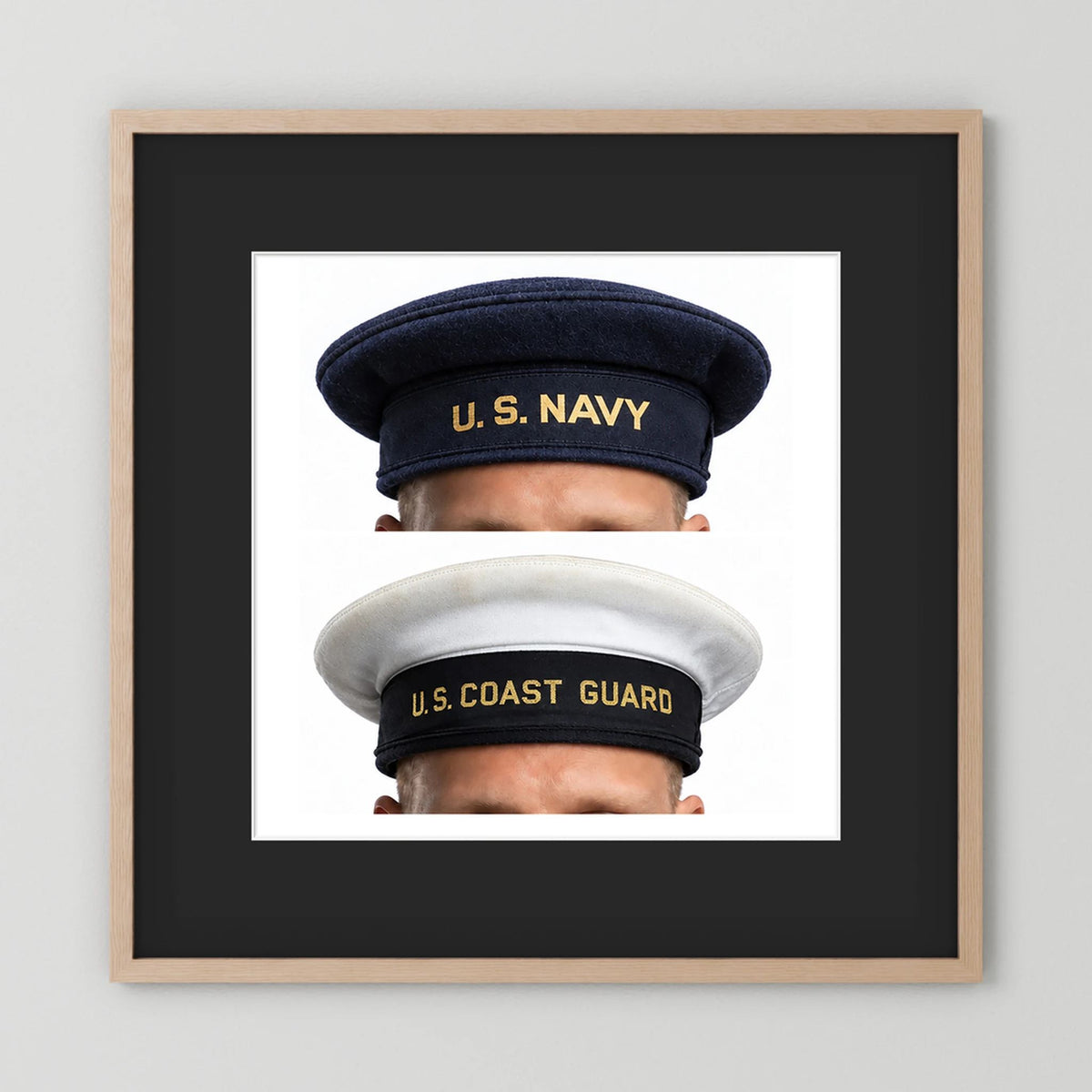 US Navy & US Coast Guard 'Donald Duck" Enlisted men's cap — composite displayed in a natural oak frame mockup