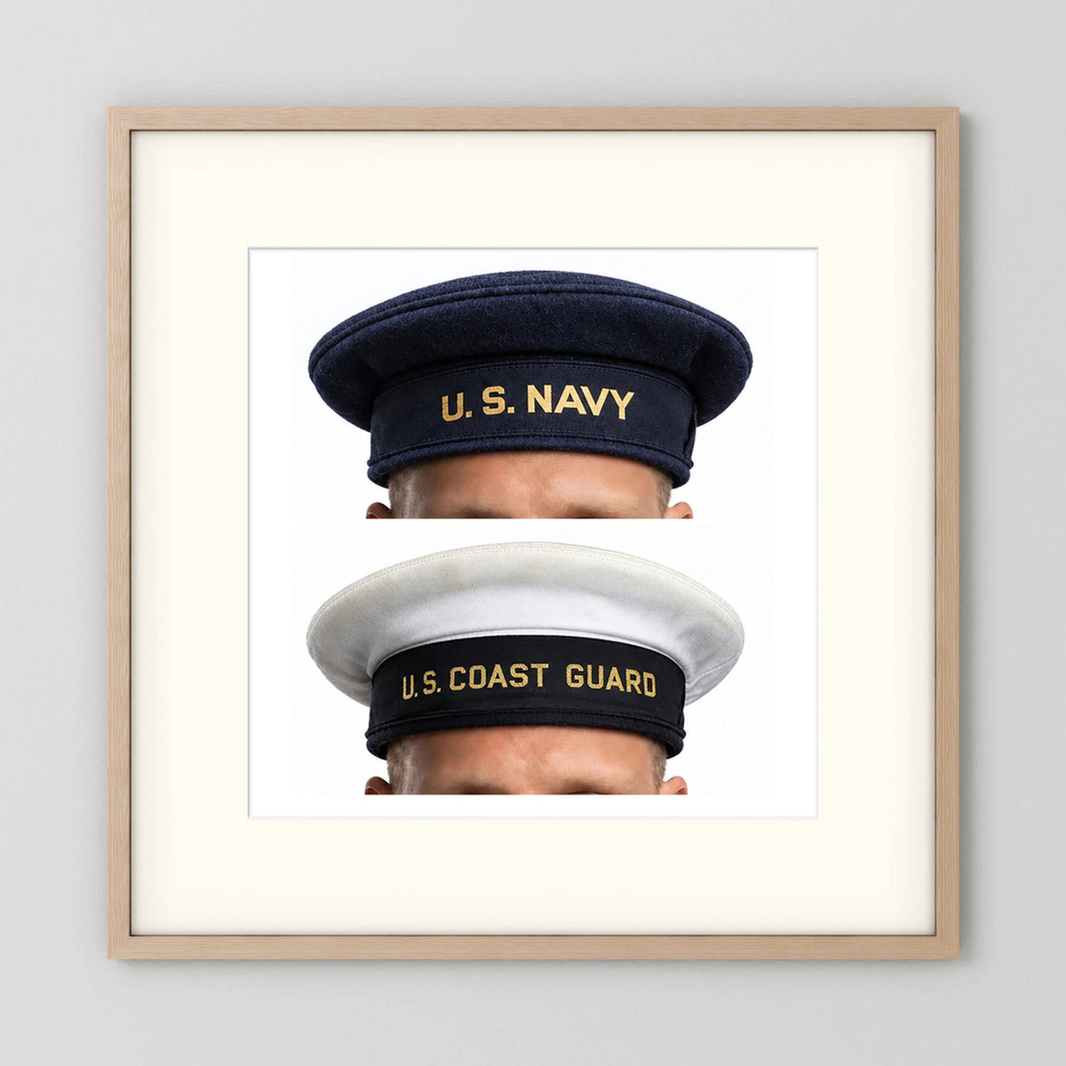 US Navy & US Coast Guard 'Donald Duck" Enlisted men's cap — composite displayed in a natural oak frame mockup