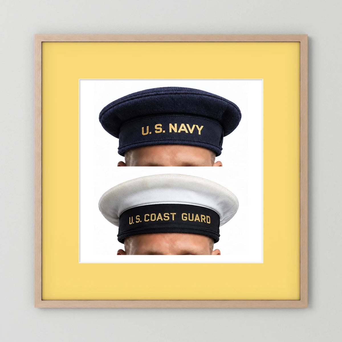 US Navy & US Coast Guard 'Donald Duck" Enlisted men's cap — composite displayed in a natural oak frame mockup
