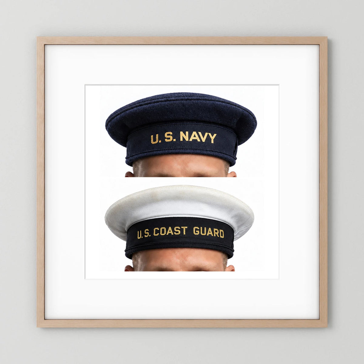 US Navy & US Coast Guard 'Donald Duck" Enlisted men's cap — composite displayed in a natural oak frame mockup