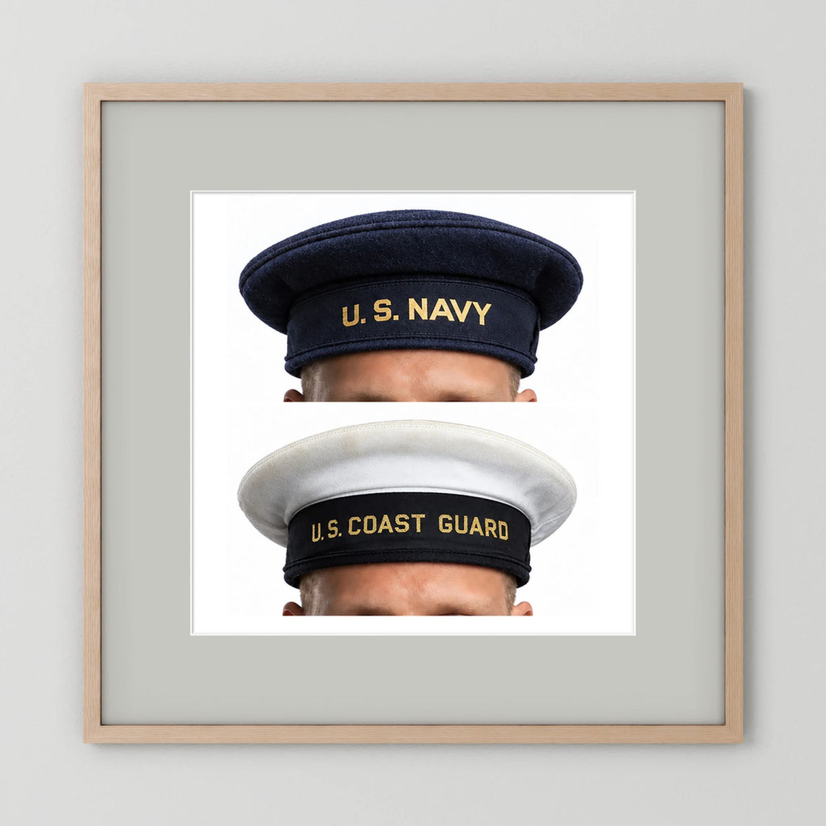 US Navy & US Coast Guard 'Donald Duck" Enlisted men's cap — composite displayed in a natural oak frame mockup