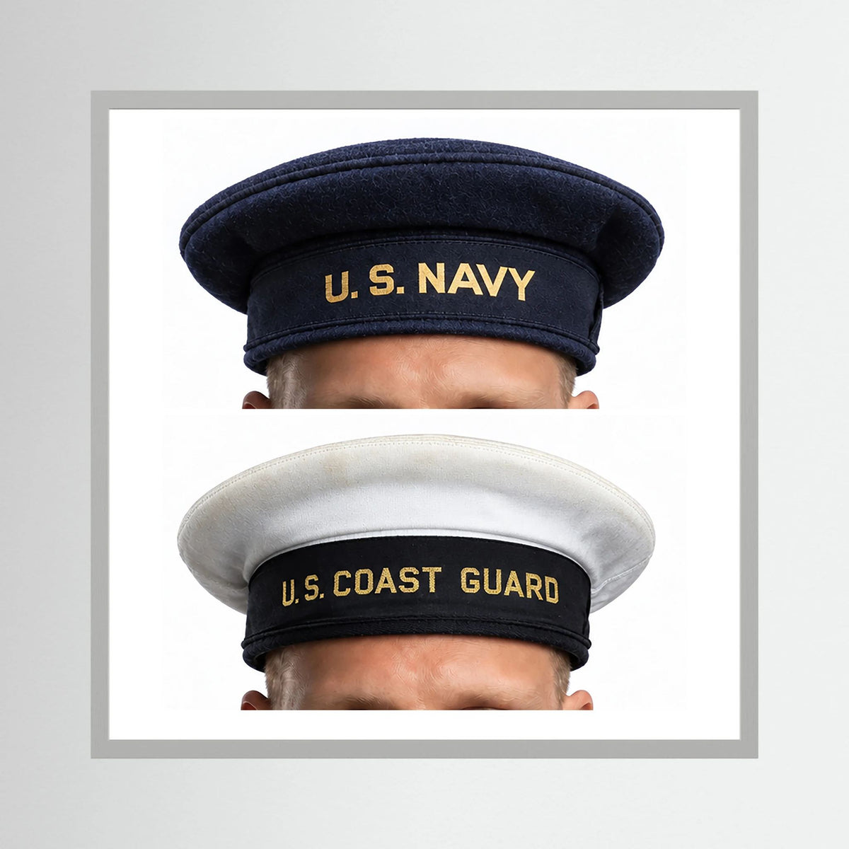 US Navy & US Coast Guard 'Donald Duck" Enlisted men's cap — composite displayed in a white wood frame mockup