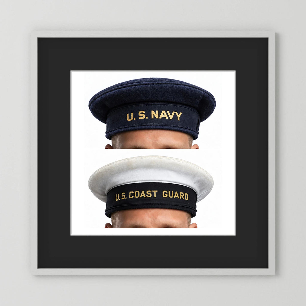 US Navy & US Coast Guard 'Donald Duck" Enlisted men's cap — composite displayed in a white wood frame mockup