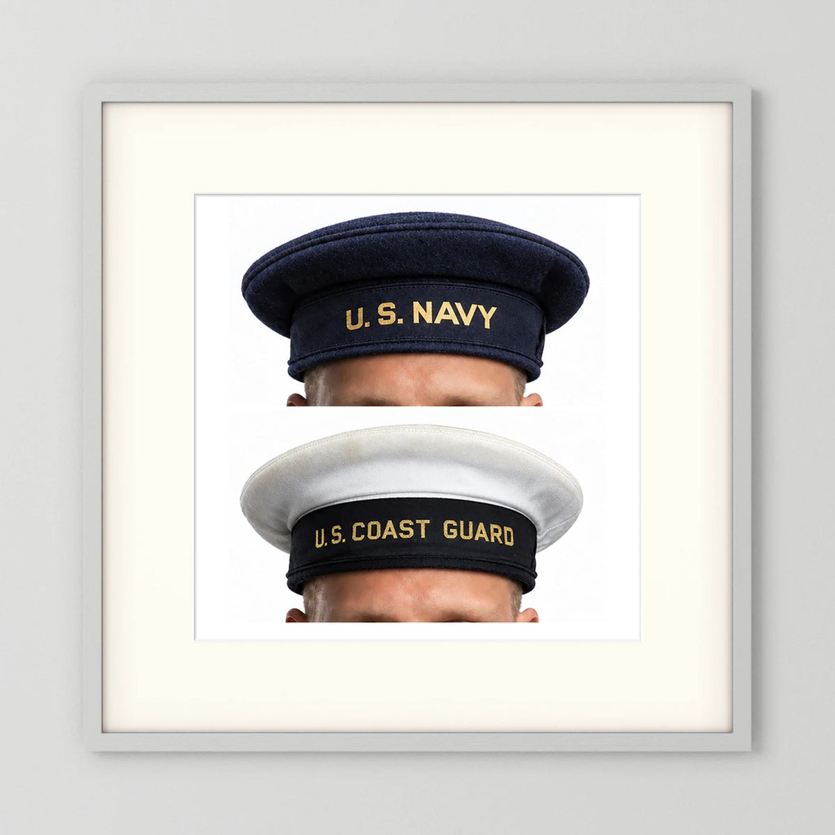 US Navy & US Coast Guard 'Donald Duck" Enlisted men's cap — composite displayed in a white wood frame mockup
