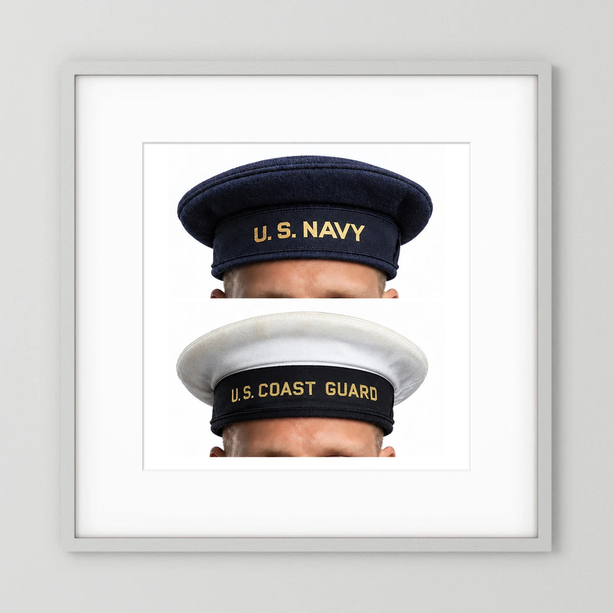 US Navy & US Coast Guard 'Donald Duck" Enlisted men's cap — composite displayed in a white wood frame mockup