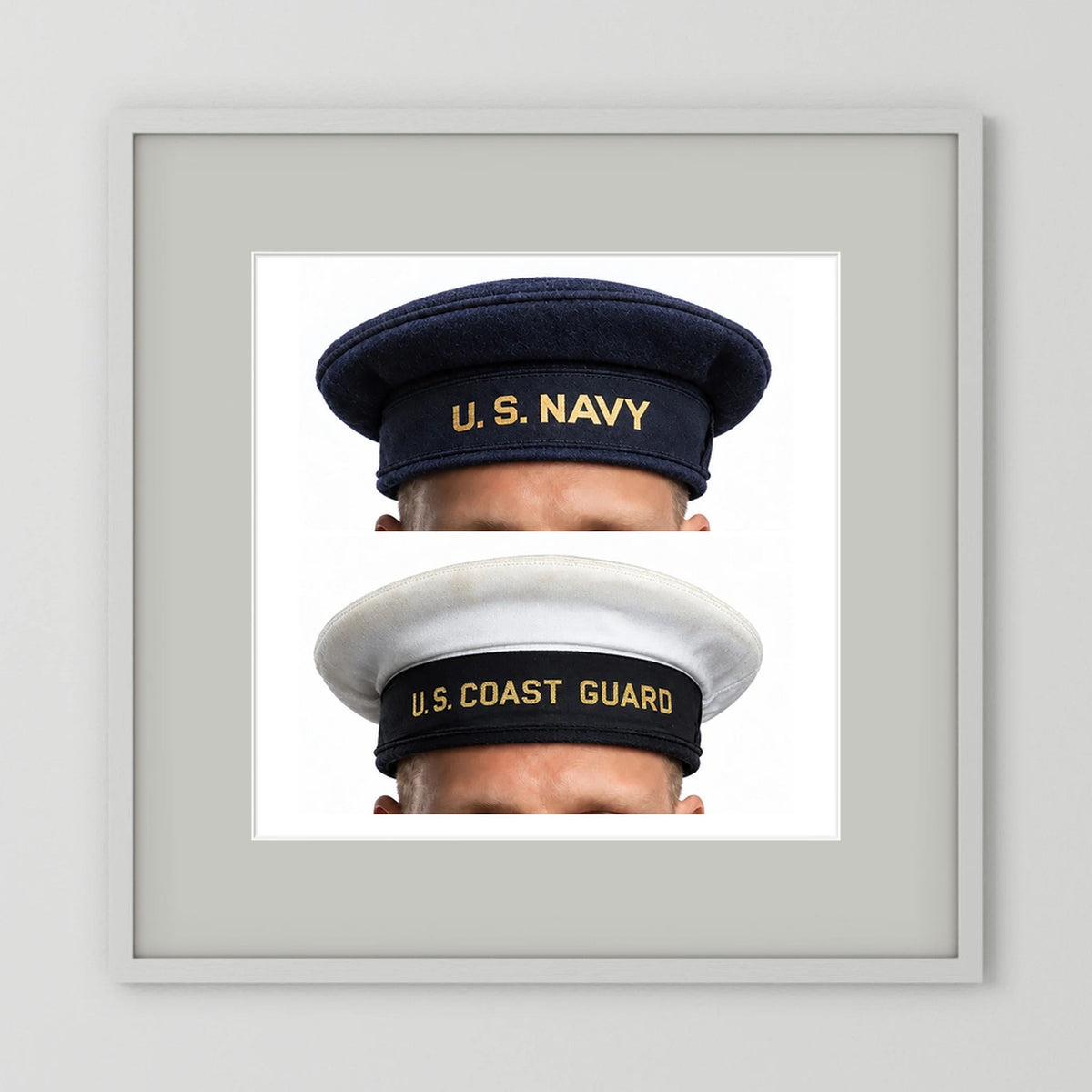 US Navy & US Coast Guard 'Donald Duck" Enlisted men's cap — composite displayed in a white wood frame mockup