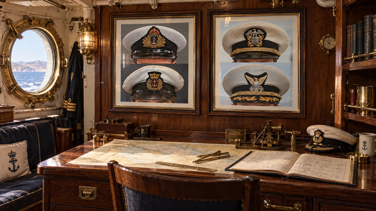 Composite image showing US Navy WWII & US Coast Guard Commander Post WWII Visor Caps