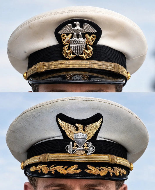 Composite image showing US Navy WWII & US Coast Guard Commander Post WWII Visor Caps