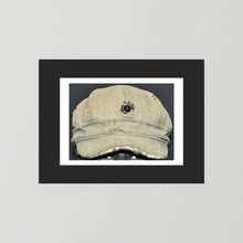 Artwork featuring USMC WW2 Cotton Herring Bone Twill (HBT) Pattern Field Cap with Eagle, Globe, Anchor (EGA) Insignia