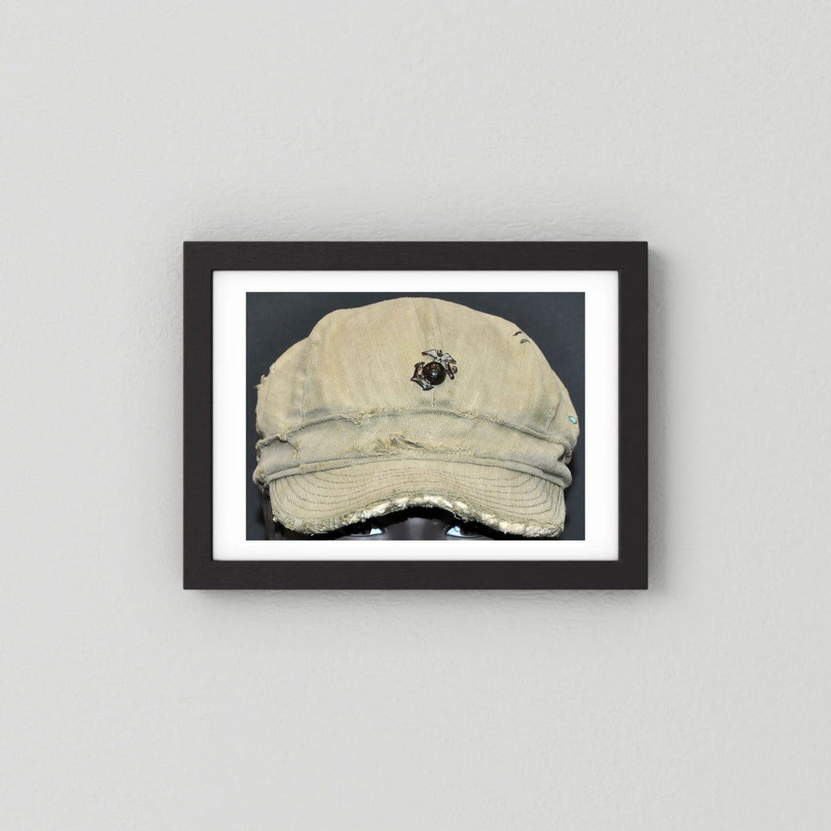Artwork featuring USMC WW2 Cotton Herring Bone Twill (HBT) Pattern Field Cap with Eagle, Globe, Anchor (EGA) Insignia