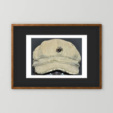 Artwork featuring USMC WW2 Cotton Herring Bone Twill (HBT) Pattern Field Cap with Eagle, Globe, Anchor (EGA) Insignia