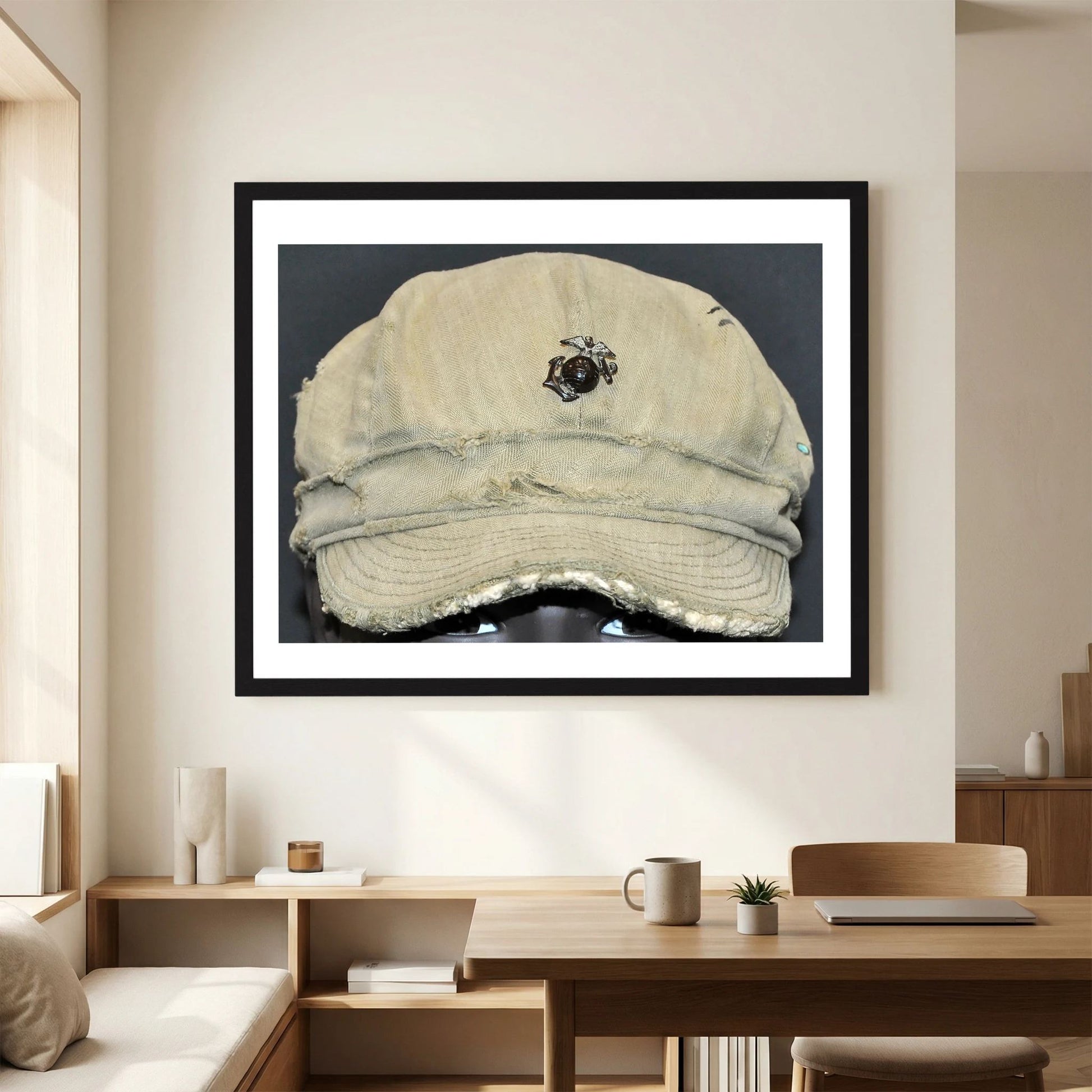 USMC WW2 Cotton Herring Bone Twill (HBT) Pattern Field Cap with Eagle, Globe, Anchor (EGA) Insignia - Art goes to War