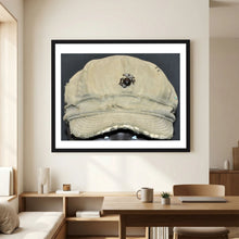Artwork featuring USMC WW2 Cotton Herring Bone Twill (HBT) Pattern Field Cap with Eagle, Globe, Anchor (EGA) Insignia