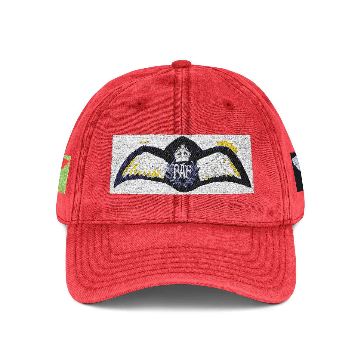 Artwork featuring Vintage Embroidered Bat Cap — Retro Baseball Hat with WW2 Royal Air Force Pilot Insignia