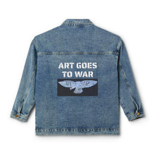 Back view of Women's Denim Jacket — "Art Goes to War" Moth Graphic Back Patch