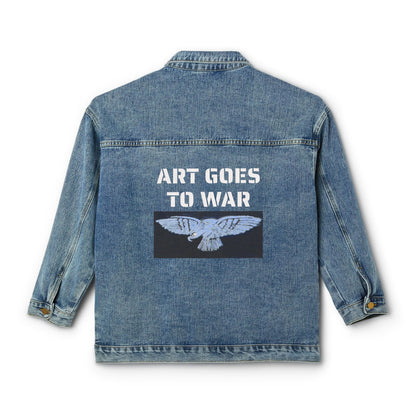 Women's Denim Jacket — "Art Goes to War" Moth Graphic Back Patch - Art goes to War