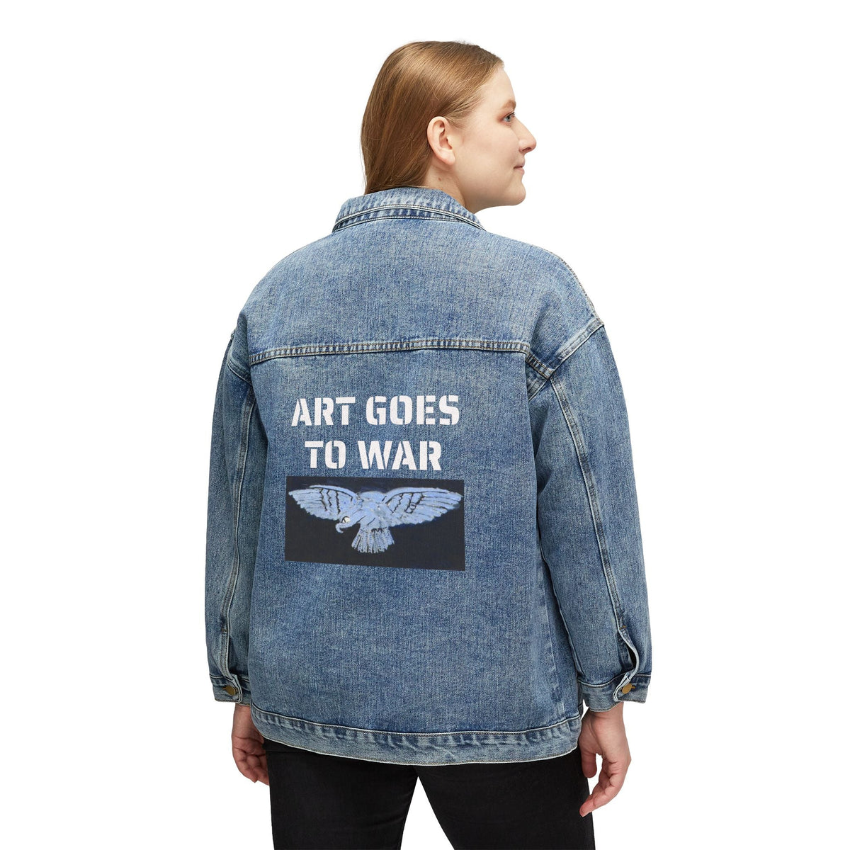 Women's Denim Jacket — "Art Goes to War" Moth Graphic Back Patch - Art goes to War